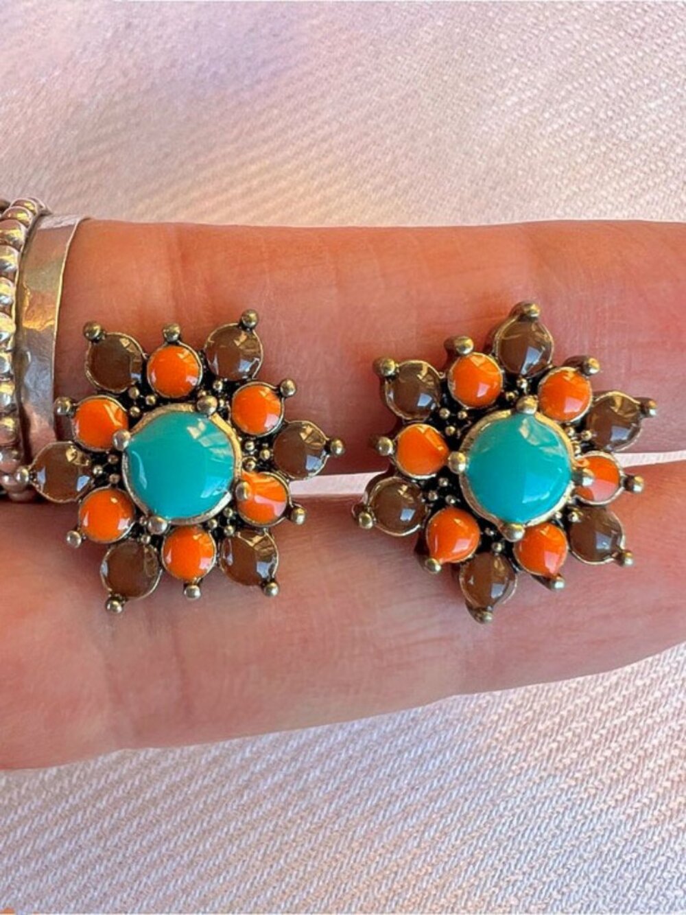 Boho Chic Turquoise & Coral Enamel Floral Cluster Post Earrings